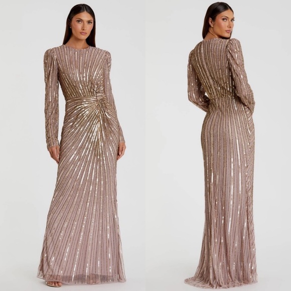 NEW NWT Mac Duggal Embellished Puff Sleeve Side Knot Maxi Gown In Mocha - Picture 1 of 12